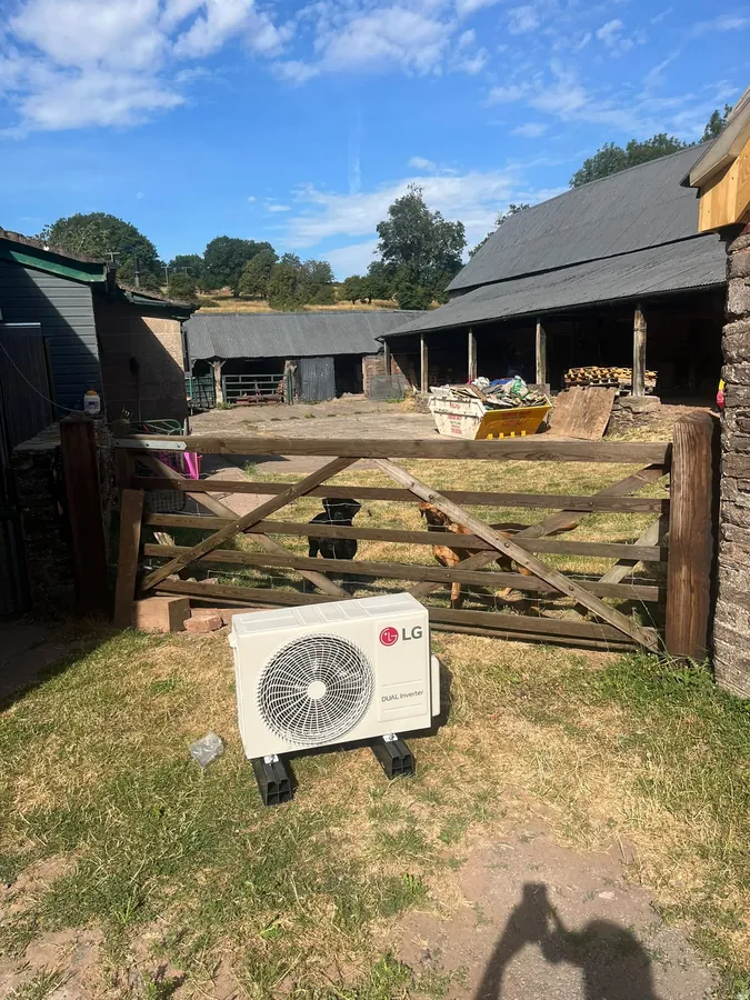 LG outdoor air conditioning unit installed at a rural Herefordshire farm property